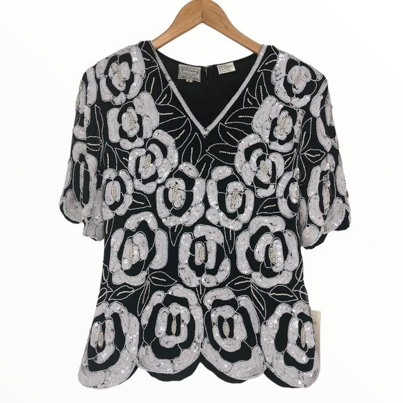 80’s Vintage Stenay White Floral Beaded Sequin Blouse Deadstock size Large NWT - Picture 1 of 12